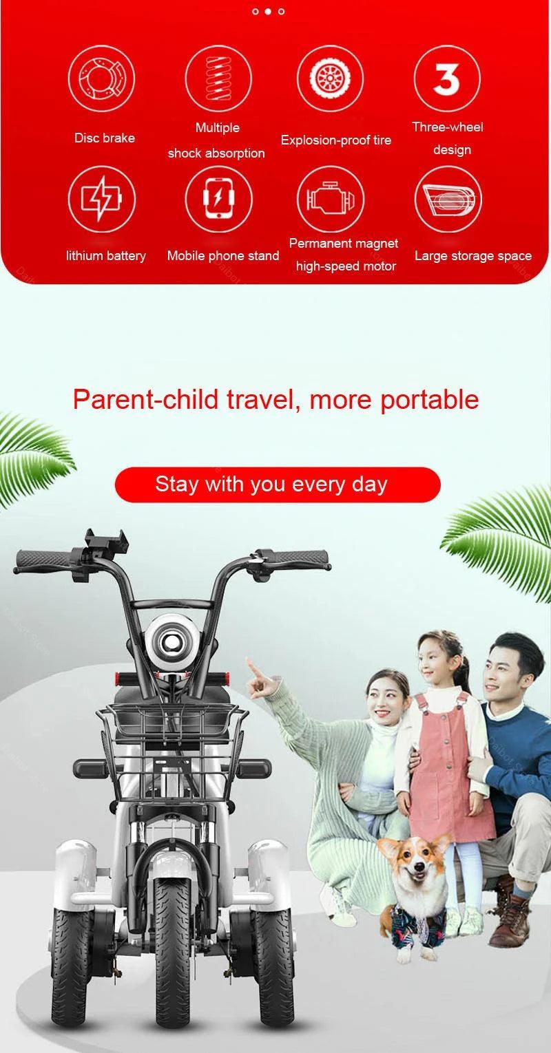 Daibot Electric Scooter Tricycle Three Wheels Electric Scooters 12'' Parent- child White/Blue/Black/Red Adult Electric Bicycle - Franklyn & Page Emporium