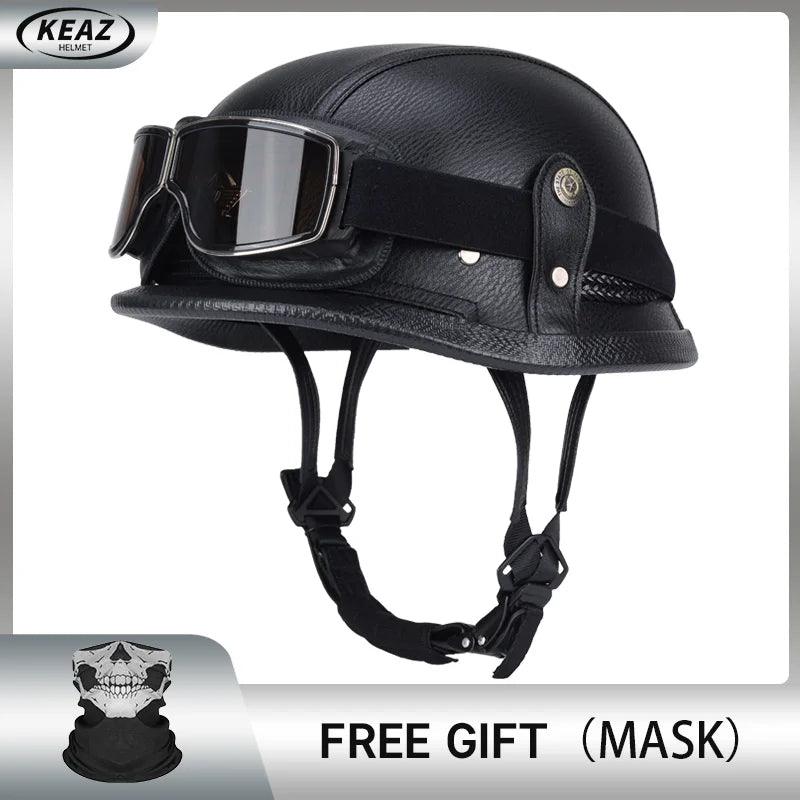 Classical German Style Leather Women and Men Half Face Motorcycle Helmets With Copper Googles Capacete De Moto Masculino DOT