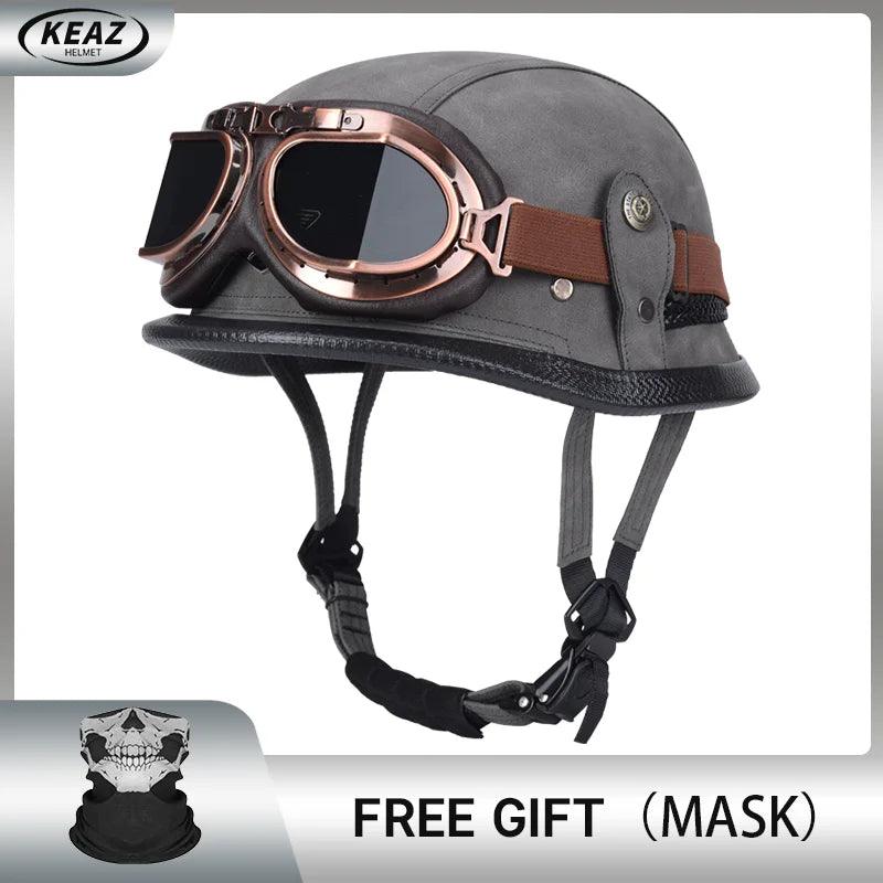 Classical German Style Leather Women and Men Half Face Motorcycle Helmets With Copper Googles Capacete De Moto Masculino DOT