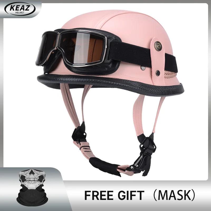 Classical German Style Leather Women and Men Half Face Motorcycle Helmets With Copper Googles Capacete De Moto Masculino DOT