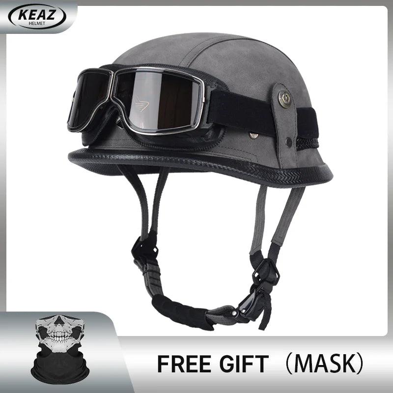 Classical German Style Leather Women and Men Half Face Motorcycle Helmets With Copper Googles Capacete De Moto Masculino DOT
