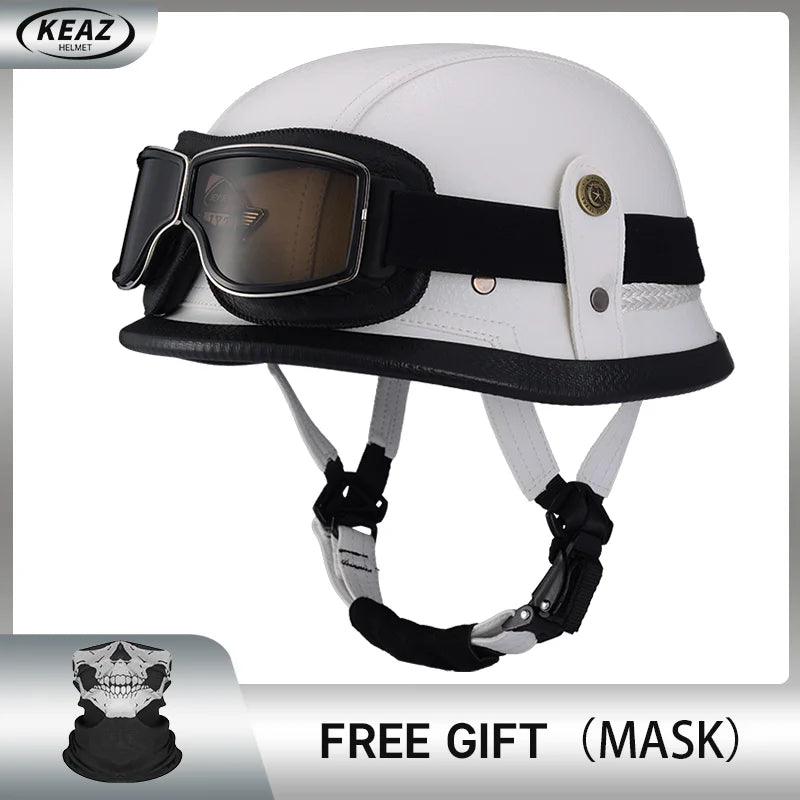 Classical German Style Leather Women and Men Half Face Motorcycle Helmets With Copper Googles Capacete De Moto Masculino DOT