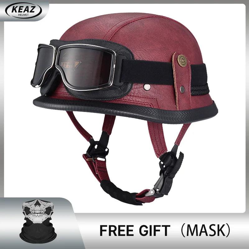 Classical German Style Leather Women and Men Half Face Motorcycle Helmets With Copper Googles Capacete De Moto Masculino DOT