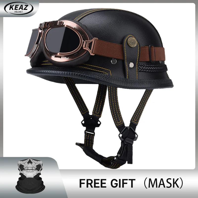 Classical German Style Leather Women and Men Half Face Motorcycle Helmets With Copper Googles Capacete De Moto Masculino DOT