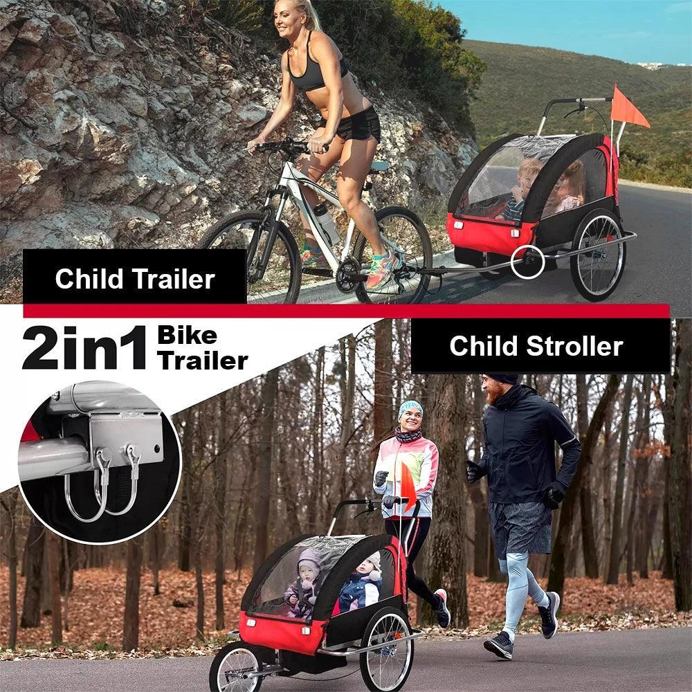 Child Bike Trailer Double Seat Carrier Converts to Stroller Foldable Children Bicycle Trailer for Toddlers Kids Pet Bike Trailer
