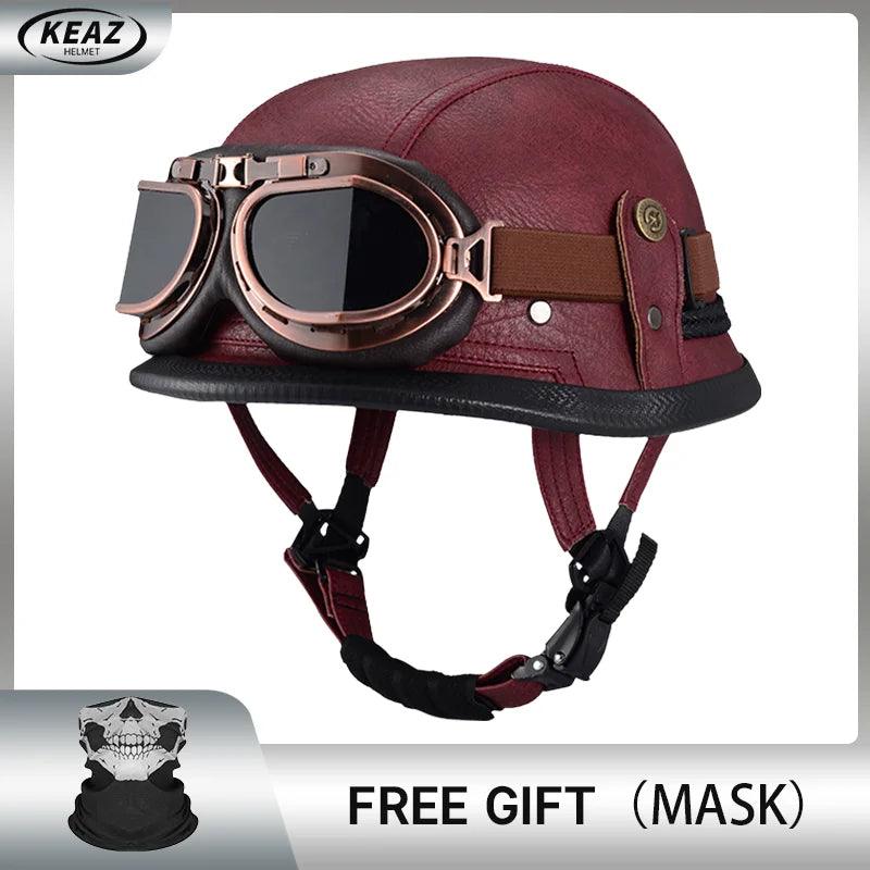 Classical German Style Leather Women and Men Half Face Motorcycle Helmets With Copper Googles Capacete De Moto Masculino DOT