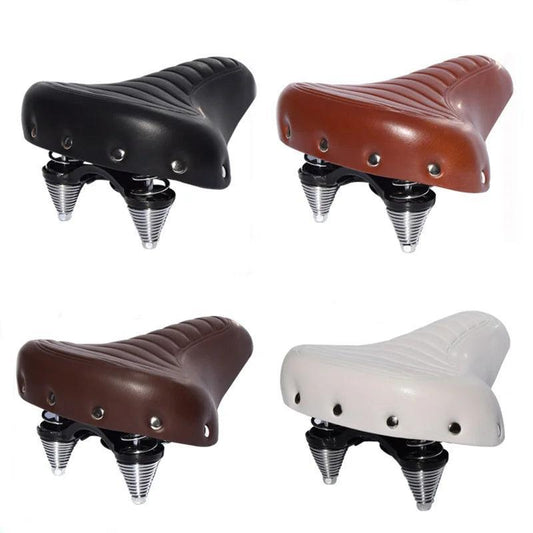 Comfortable Road Bike Seat Soft Wide Thicken Bicycle Saddle Vintage White Black Leather Pad with Spring Cycling Parts - Franklyn & Page Emporium