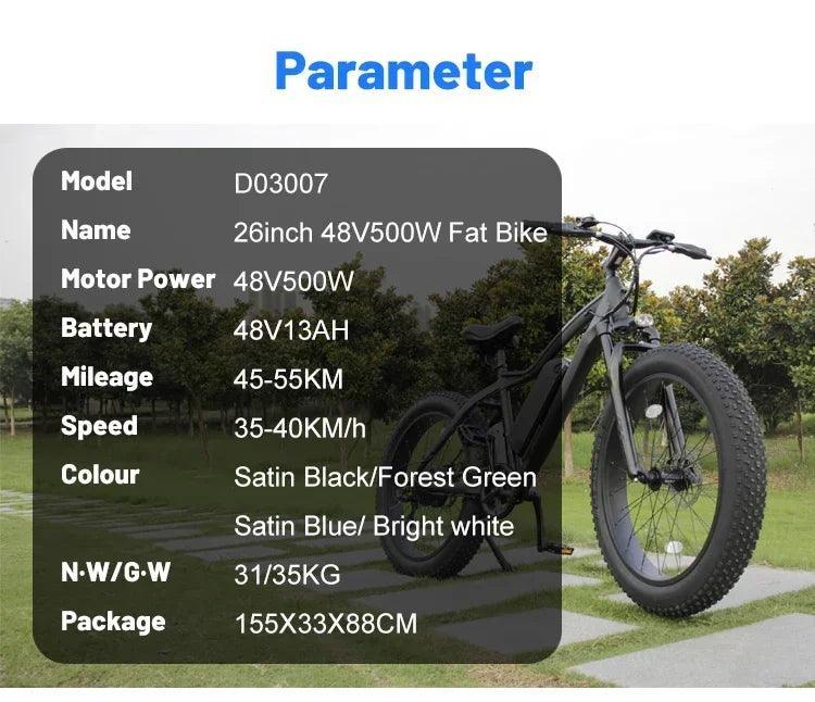 48V 500W-1500W 26*4.0 Inch Fat Tire Electric mountain Bike e-MTB (30-50 km/h) - Franklyn & Page E-Bike Emporium