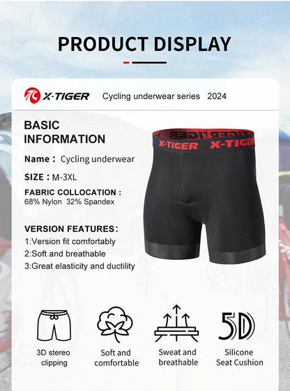 X-TIGER Men's Cycling Underwear Shorts 5D Padded Sports Riding Bike Bicycle MTB Liner Shorts with Anti-Slip Leg Grips