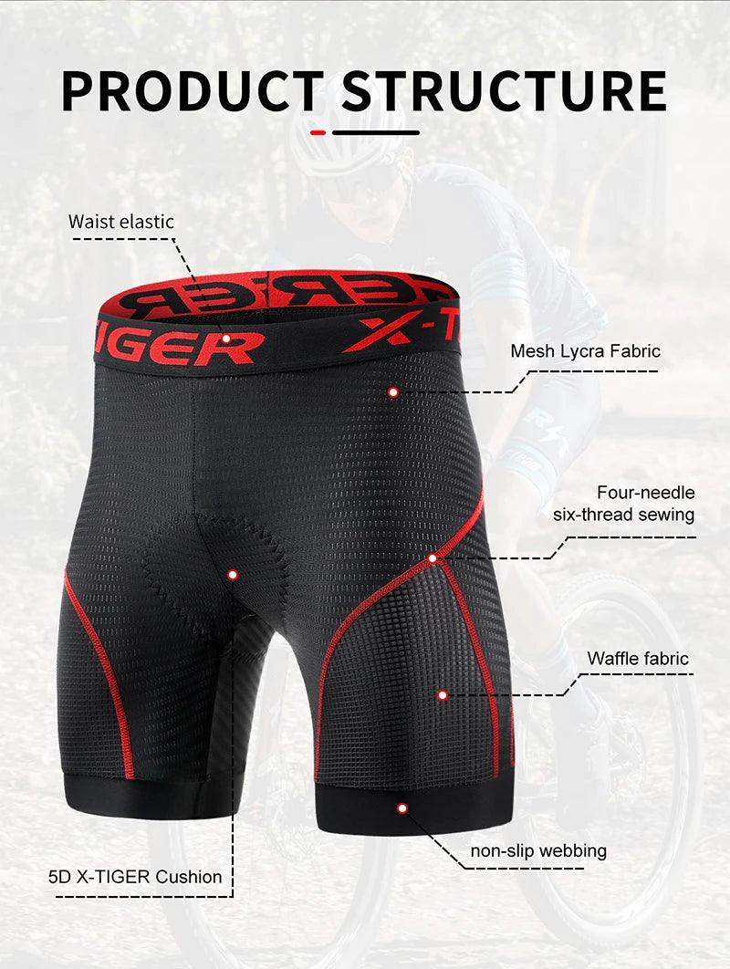 X-TIGER Men's Cycling Underwear Shorts 5D Padded Sports Riding Bike Bicycle MTB Liner Shorts with Anti-Slip Leg Grips