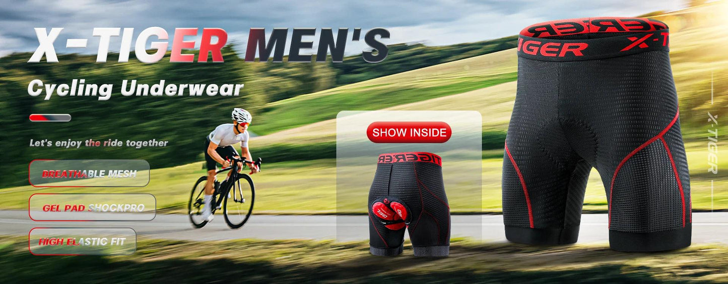 X-TIGER Men's Cycling Underwear Shorts 5D Padded Sports Riding Bike Bicycle MTB Liner Shorts with Anti-Slip Leg Grips