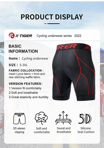 X-TIGER Men's Cycling Underwear Shorts 5D Padded Sports Riding Bike Bicycle MTB Liner Shorts with Anti-Slip Leg Grips