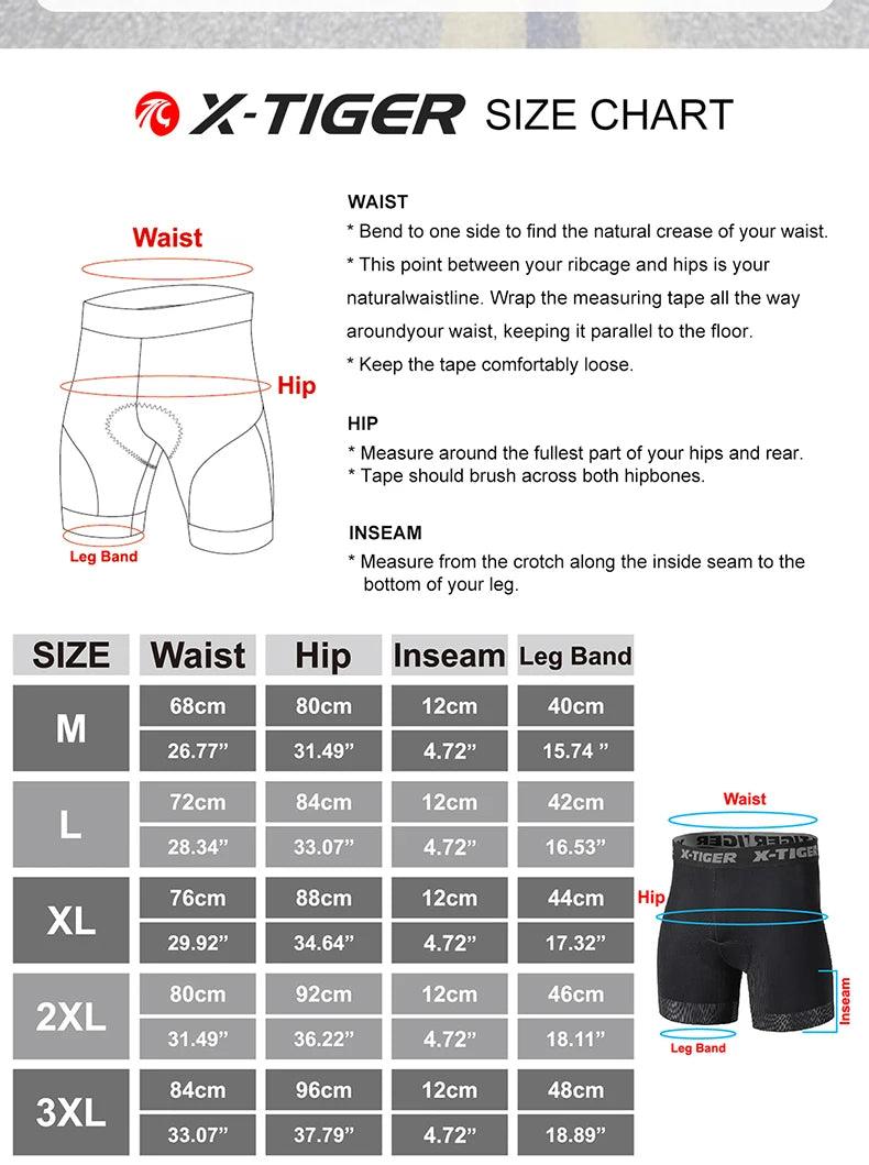 X-TIGER Men's Cycling Underwear Shorts 5D Padded Sports Riding Bike Bicycle MTB Liner Shorts with Anti-Slip Leg Grips