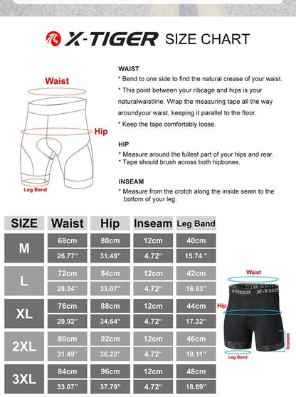 X-TIGER Men's Cycling Underwear Shorts 5D Padded Sports Riding Bike Bicycle MTB Liner Shorts with Anti-Slip Leg Grips